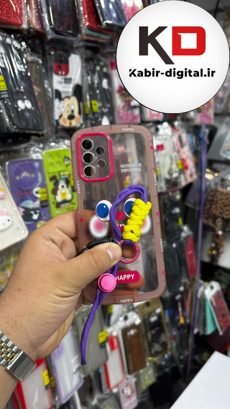 قاب گوشی Galaxy A13 4gسامسونگ طرح ژله ای شفاف بالشتی شاد HAPPY محافظ لنز دار صورتی آویزدار