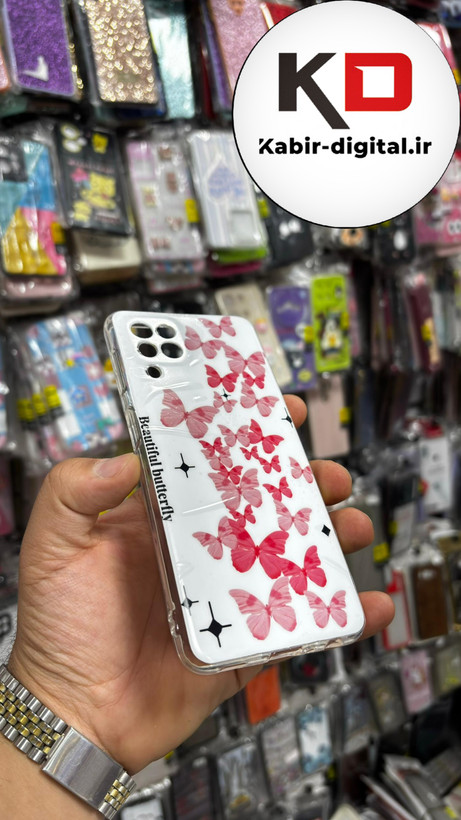 قاب گوشی Galaxy A22 4G- M32سامسونگ فانتزی اورجینال Grade A شیشه ای PVD براق دور سیلیکونی ضدخش ضد ضربه طرح پروانه صورتی