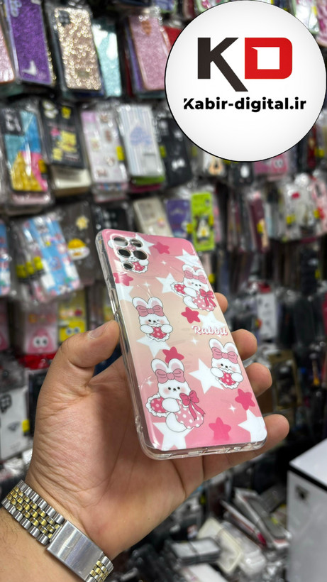 قاب گوشی Galaxy A22 4G- M32سامسونگ فانتزی اورجینال Grade A شیشه ای PVD براق دور سیلیکونی ضدخش ضد ضربه طرح خرگوش سفید