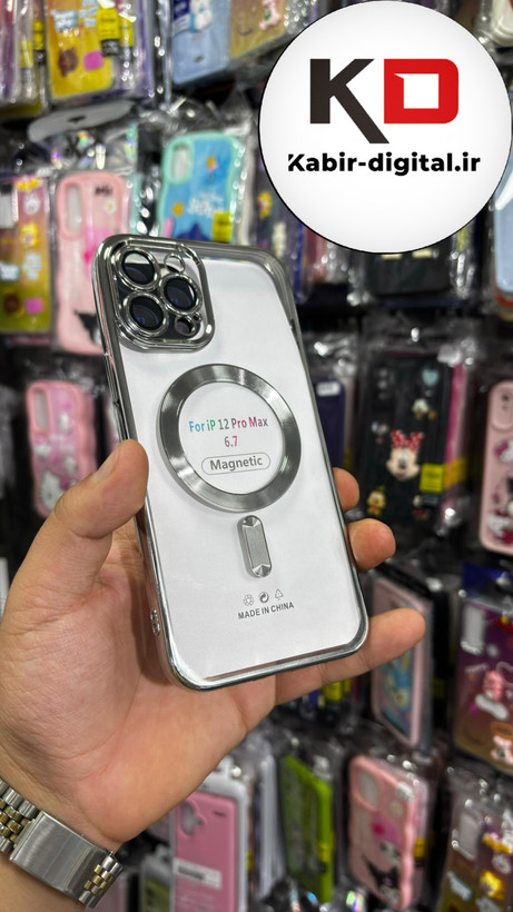 قاب گوشی iPhone 12 Pro Max آیفون اورجینال Clear Case مگ سیف Space Mag safe محافظ لنزدار طرح طلقی شیشه ای شفاف نقره ایی