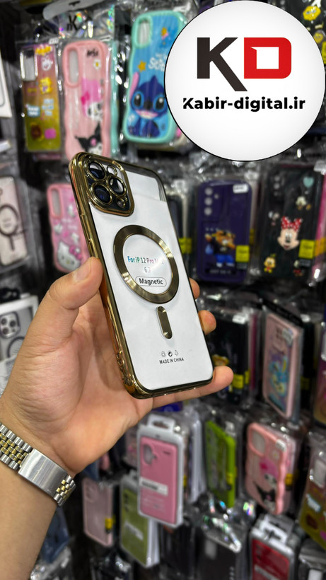 قاب گوشی iPhone 12 Pro Max آیفون اورجینال Clear Case مگ سیف Space Mag safe محافظ لنزدار طرح طلقی شیشه ای شفاف طلایی