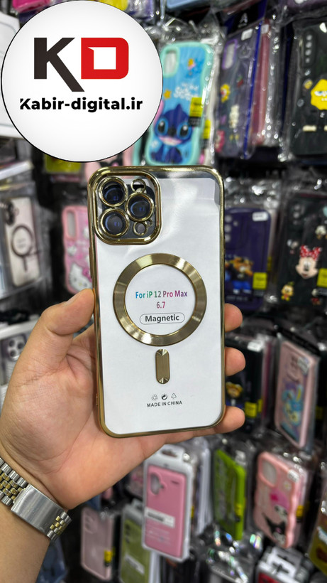 قاب گوشی iPhone 12 Pro Max آیفون اورجینال Clear Case مگ سیف Space Mag safe محافظ لنزدار طرح طلقی شیشه ای شفاف طلایی