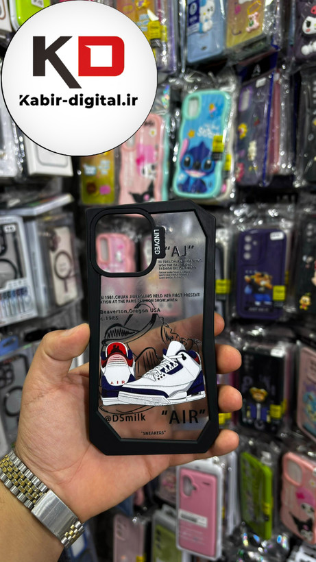 قاب گوشی iPhone 12 pro max آیفون شفاف اورجینال فانتزی چند ضلعی طرح کفش مشکی