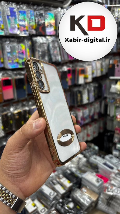 قاب گوشی Galaxy A34 سامسونگ طرح الکتروپلیتینگ ژله ای شفاف اورجینال طرح مگ سیف محافظ لنز دار طلایی