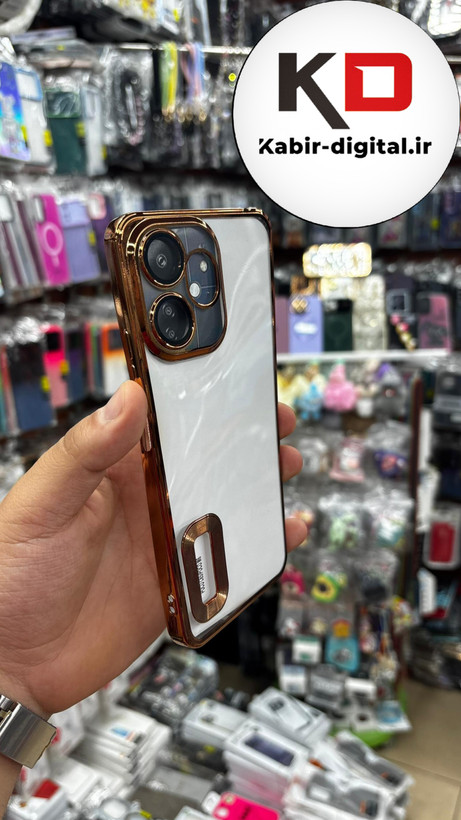 قاب گوشی Redmi 13R شیائومی طرح الکتروپلیتینگ ژله ای شفاف اورجینال طرح مگ سیف محافظ لنز دار طلایی