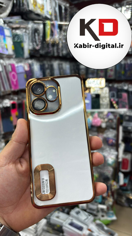 قاب گوشی Redmi 13R شیائومی طرح الکتروپلیتینگ ژله ای شفاف اورجینال طرح مگ سیف محافظ لنز دار طلایی