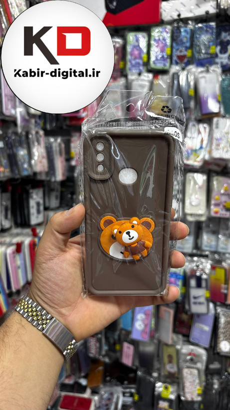 قاب گوشی Galaxy A10s سامسونگ سیلیکونی اسپینر دار (پاپ سوکت دار) طرح خرس نارنجی محافظ لنزدار