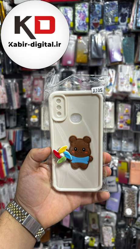 قاب گوشی Galaxy A10s سامسونگ سیلیکونی اسپینر دار (پاپ سوکت دار) طرح خرس قهوه ایی محافظ لنزدار