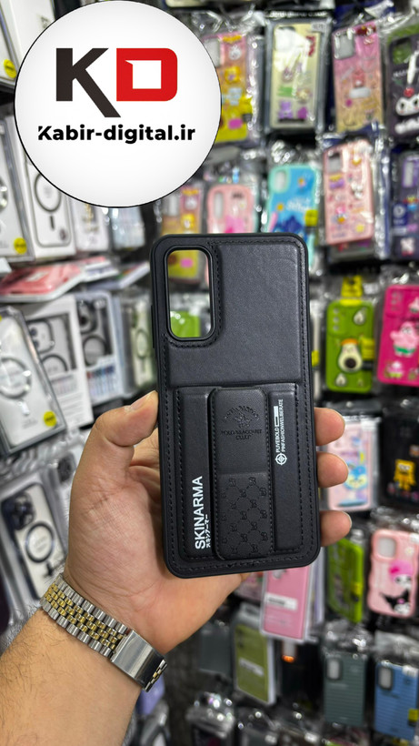 قاب گوشی Galaxy A05s سامسونگ چرمی اورجینال پولو POLO جاکارتی دار مگنتی استندشو دور دوخت مشکی