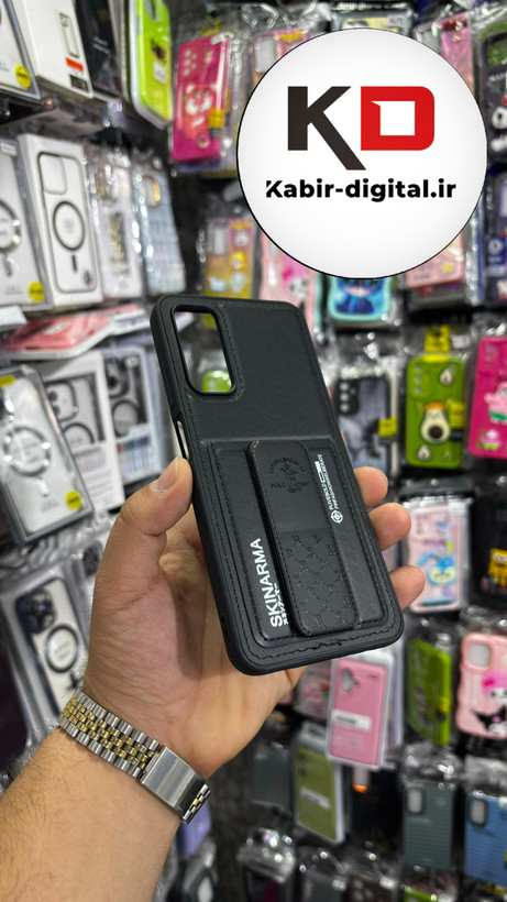 قاب گوشی Galaxy A05s سامسونگ چرمی اورجینال پولو POLO جاکارتی دار مگنتی استندشو دور دوخت مشکی