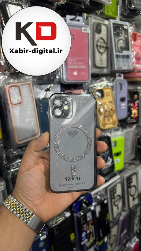 قاب گوشی iPhone 12 آیفون طرح الکتروپلیتینگ ژله ای شفاف اورجینال مگ سیف دار نگین دار شاین محافظ لنز دار مشکی