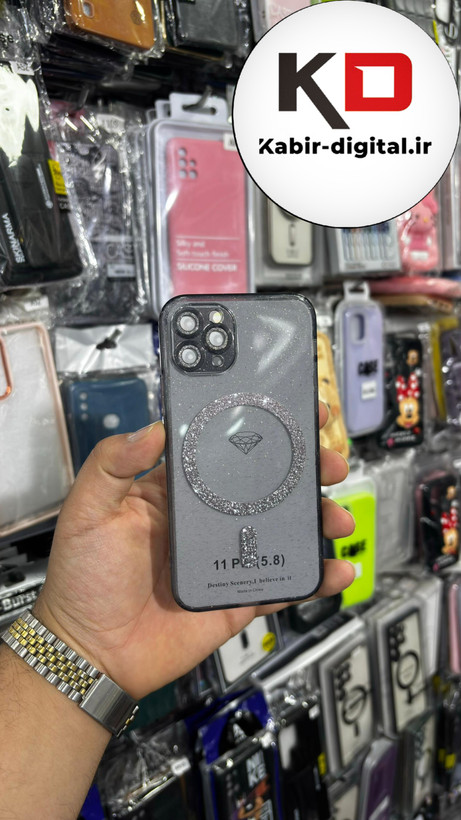 قاب گوشی iPhone 11 Proآیفون الکتروپلیتینگ ژله ای شفاف اورجینال طرح مگ سیف شاین دار محافظ لنز دار مشکی