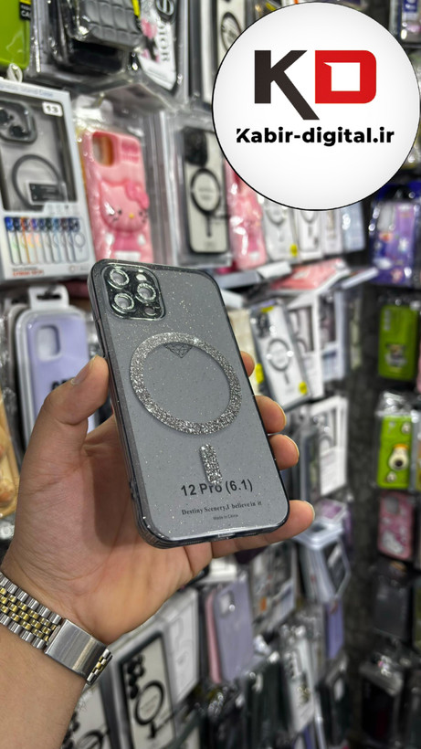 قاب گوشی iPhone 12 proآیفون الکتروپلیتینگ ژله ای شفاف اورجینال طرح مگ سیف شاین دار محافظ لنز دار مشکی