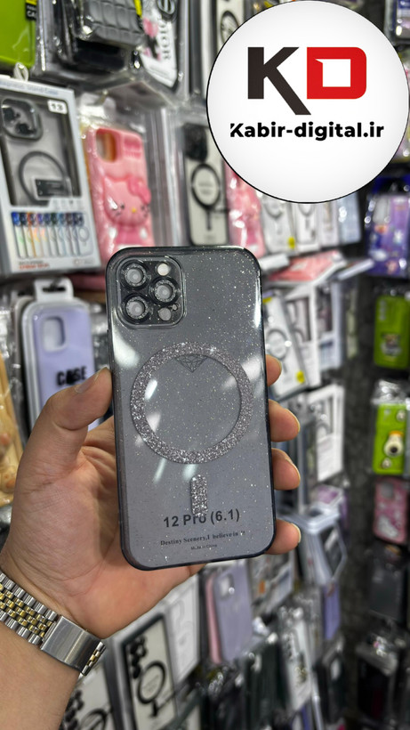 قاب گوشی iPhone 12 proآیفون الکتروپلیتینگ ژله ای شفاف اورجینال طرح مگ سیف شاین دار محافظ لنز دار مشکی