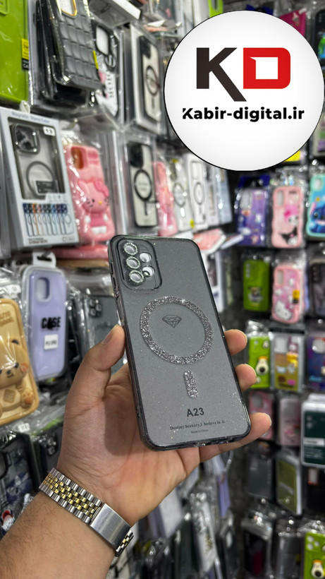 قاب گوشی Galaxy A23 سامسونگ الکتروپلیتینگ ژله ای شفاف اورجینال طرح مگ سیف نگین دار شاین محافظ لنز دار مشکی