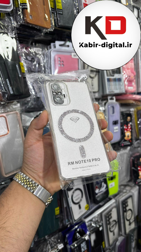 قاب گوشی Redmi Note 10 Pro شیائومی الکتروپلیتینگ ژله ای شفاف اورجینال طرح مگ سیف نگین دار شاین محافظ لنز دار سفید