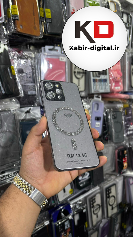 قاب گوشی Redmi 12شیائومی الکتروپلیتینگ ژله ای شفاف اورجینال طرح مگ سیف نگین دار شاین محافظ لنز دار مشکی