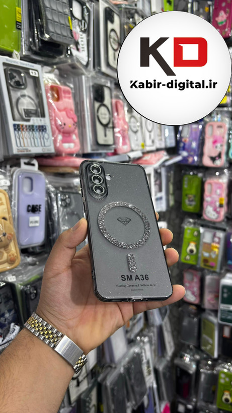 قاب گوشی Galaxy A36/A56 سامسونگ الکتروپلیتینگ ژله ای شفاف اورجینال طرح مگ سیف نگین دار شاین محافظ لنز دار مشکی