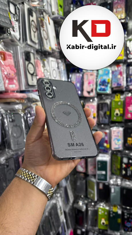 قاب گوشی Galaxy A26/A16سامسونگ الکتروپلیتینگ ژله ای شفاف اورجینال طرح مگ سیف نگین دار شاین محافظ لنز دار مشکی