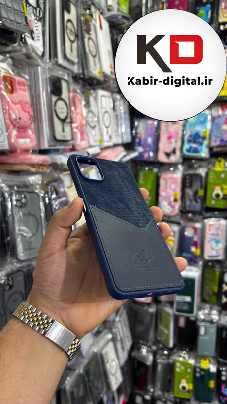 قاب گوشی Galaxy A06 سامسونگ طرح دو تیکه پارچه و چرم کلاسیک HARD چرمی پولوPULO جاکارتی دار چرمی سرمه ایی