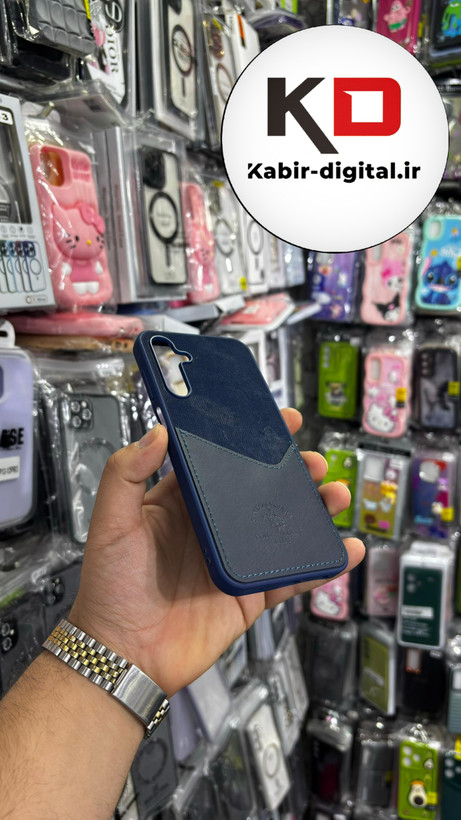 قاب گوشی Galaxy A25 سامسونگ طرح دو تیکه پارچه و چرم کلاسیک HARD چرمی پولوPULO جاکارتی دار چرمی سرمه ایی