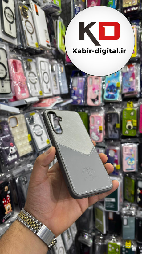 قاب گوشی Galaxy A55 سامسونگ طرح دو تیکه پارچه و چرم کلاسیک HARD چرمی پولوPULO جاکارتی دار چرمی خاکستری