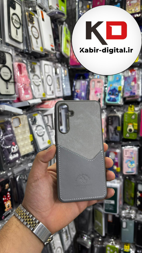 قاب گوشی Galaxy A55 سامسونگ طرح دو تیکه پارچه و چرم کلاسیک HARD چرمی پولوPULO جاکارتی دار چرمی خاکستری