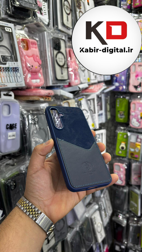 قاب گوشی Galaxy A55 سامسونگ طرح دو تیکه پارچه و چرم کلاسیک HARD چرمی پولوPULO جاکارتی دار چرمی سرمه ایی