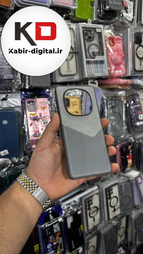 قاب گوشی Redmi Note 14 PRO 4Gشیائومی طرح دو تیکه پارچه و چرم کلاسیک HARD چرمی پولوPULO جاکارتی دار چرمی خاکستری