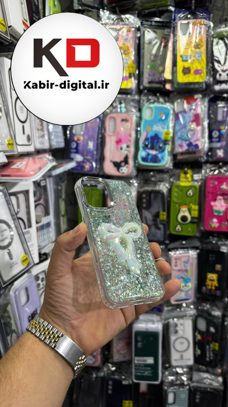 قاب گوشی iPhone 16آیفون فانتزی برجسته رزینی Luxury Case طرح پاپیون کرومی فیروزه ایی
