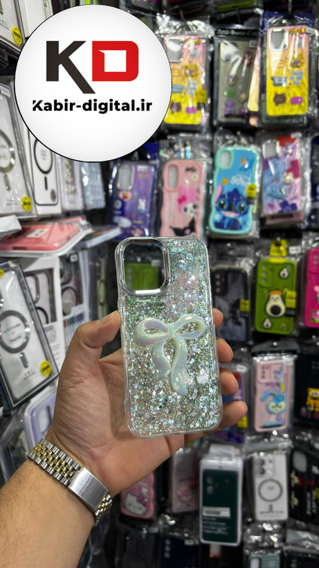 قاب گوشی iPhone 16آیفون فانتزی برجسته رزینی Luxury Case طرح پاپیون کرومی فیروزه ایی