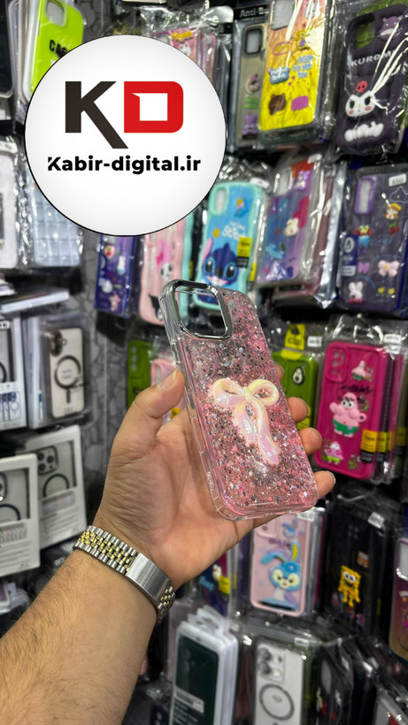 قاب گوشی iPhone 13آیفون فانتزی برجسته رزینی Luxury Case طرح پاپیون کرومی صورتی