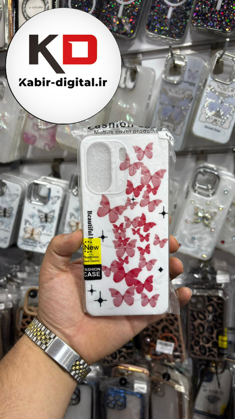 قاب گوشی Redmi Note 13C /POCO C65 شیائومی فانتزی اورجینال Grade A شیشه ای PVD براق دور سیلیکونی ضدخش ضد ضربه طرح پروانه قرمز