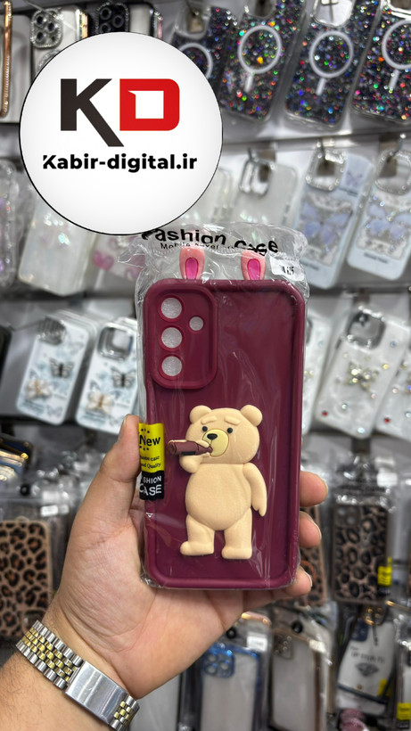 قاب گوشی Galaxy A15 سامسونگ طرح سیلیکونی Solid عروسکی برجسته محافظ لنزدار طرح خرس کرمی زرشکی