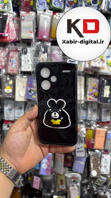 قاب گوشی Redmi Note 13 Pro Plusشیائومی سیلیکونی اسپینر دار (پاپ سوکت دار) طرح خرس مشکی محافظ لنزدار