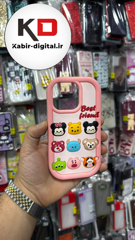 قاب گوشی iPhone 15 Pro آیفون سیلیکونی پاک کنی طرح عروسکی برجسته صورتی