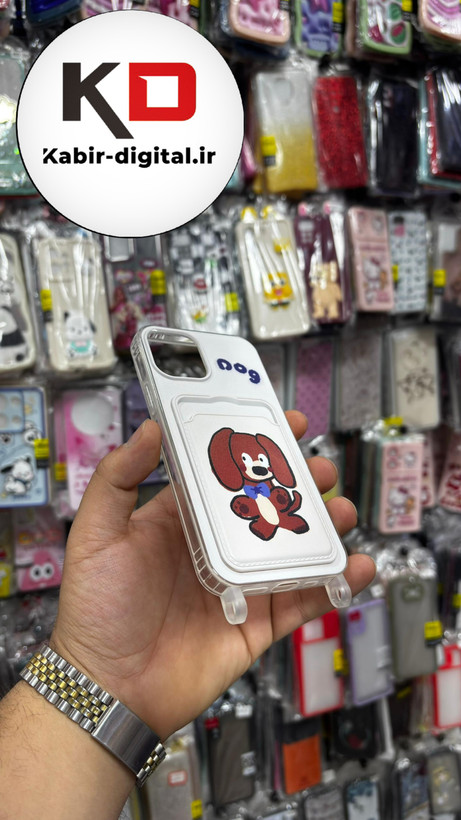 قاب گوشی iPhone 13 Pro آیفون اورجینال ژله ای جاکارتی دار کپسولی به همراه بند آویز دوطرفه طرح سگ کیوت