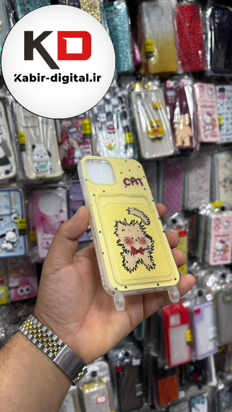 قاب گوشی iPhone 13 - iPhone 14 آیفون اورجینال ژله ای جاکارتی دار کپسولی به همراه بند آویز دوطرفه طرح گربه کیوت
