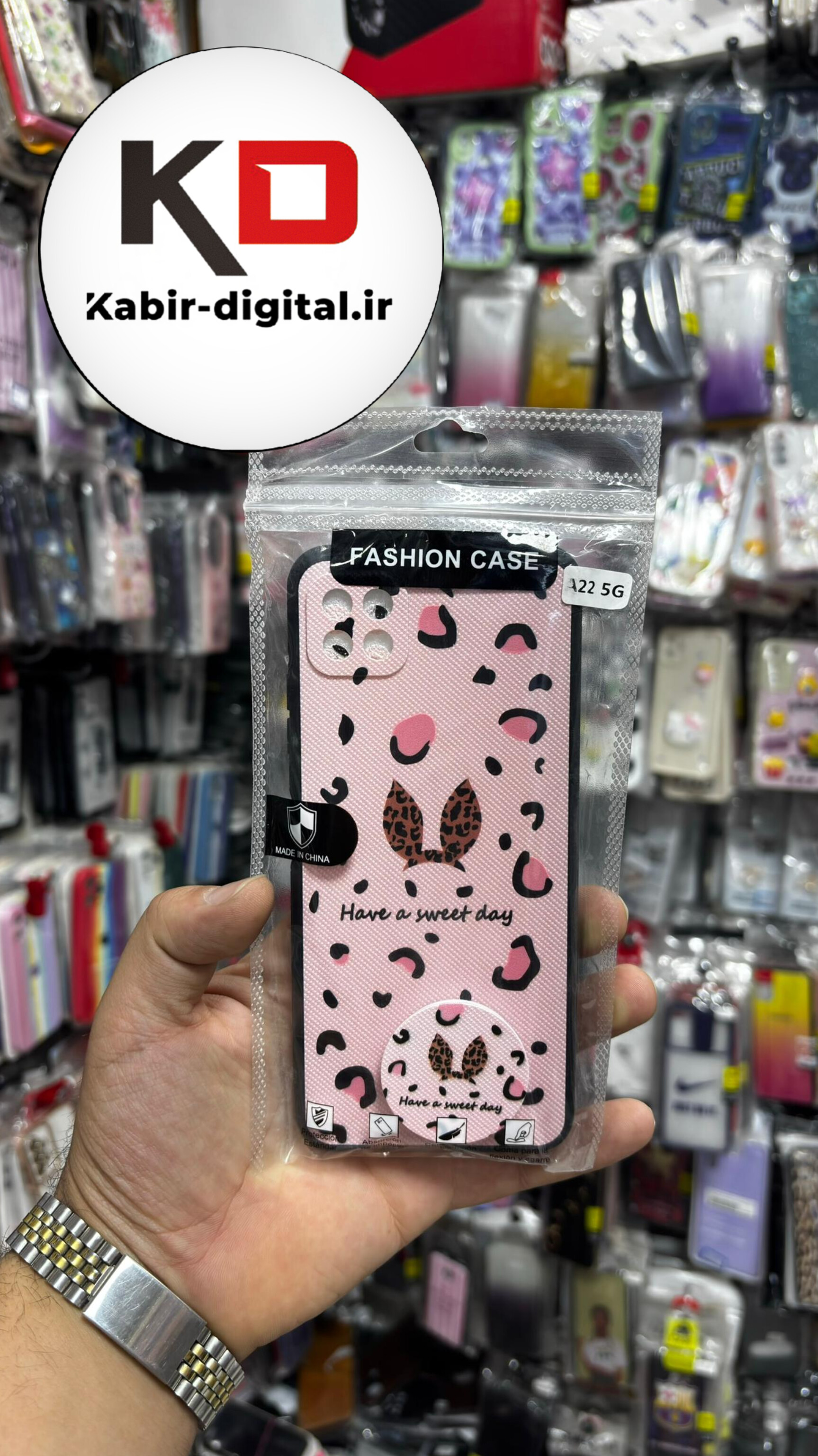 قاب گوشی Galaxy A22 5G سامسونگ فانتزی سوزنی برجسته طرح پلنگی صورتی پاپ سوکت دار محافظ لنز دار
