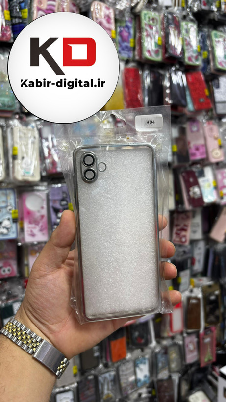 قاب گوشی Galaxy A04 سامسونگ طرح الکتروپلیتینگ ژله ای شفاف محافظ لنز دار نقره ایی