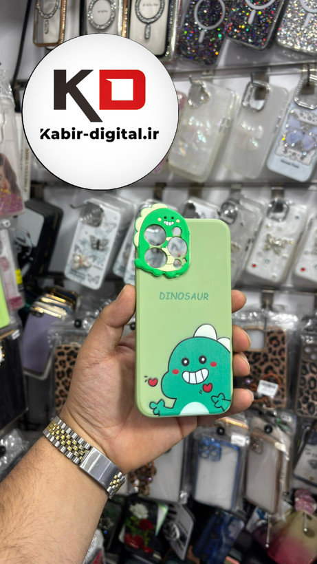 قاب گوشی iPhone 13/14/15 آیفون طرح سیلیکونی ژله ای سه بعدی برجسته عروسکی دایناسور محافظ لنز دار سبز