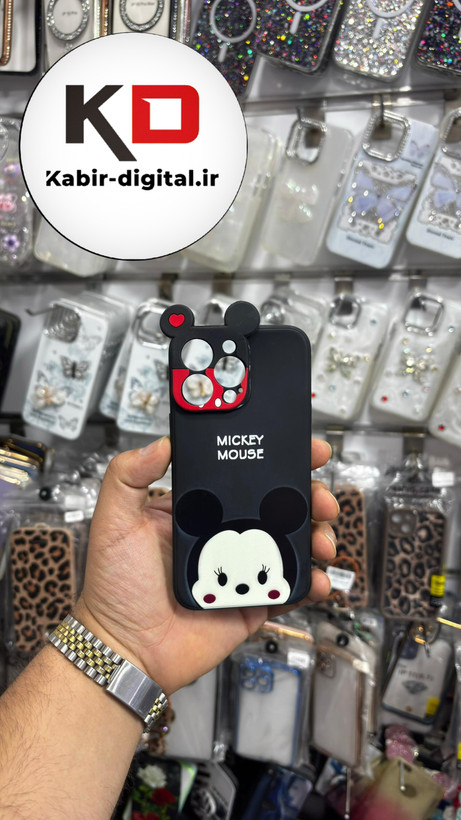 قاب گوشی iPhone 13 Pro آیفون طرح سیلیکونی ژله ای سه بعدی برجسته عروسکی میکی موس محافظ لنز دار مشکی