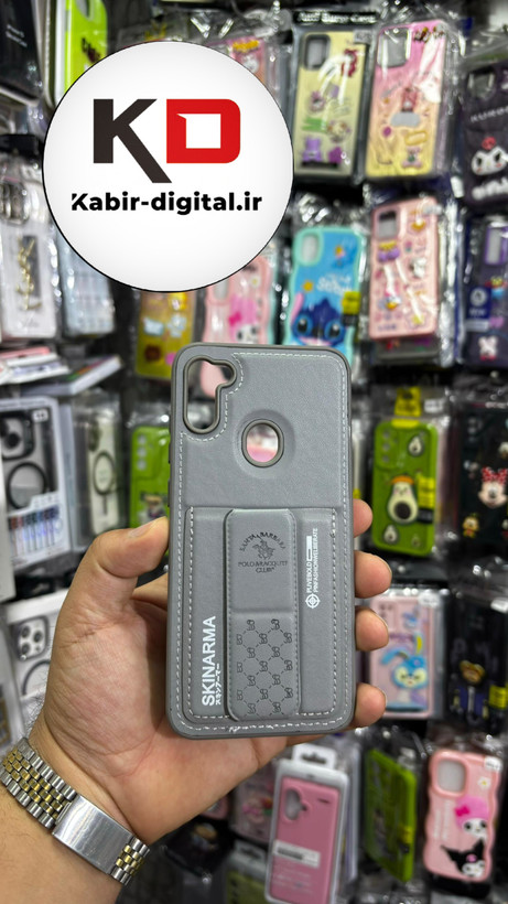 قاب گوشی Galaxy A11/M11 سامسونگ چرمی اورجینال پولو POLO جاکارتی دار مگنتی استندشو دور دوخت خاکستری