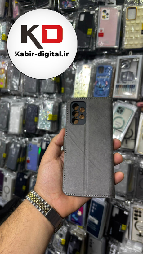 کیف گوشی Galaxy A52 / Galaxy A52s سامسونگ چرم مگنتی جاکارتی بند آویز دار خاکستری