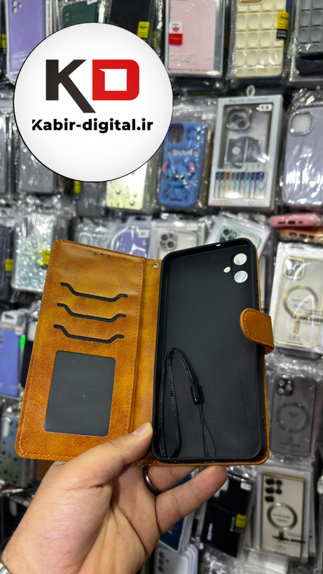 کیف گوشی Galaxy A05 سامسونگ چرم مگنتی جاکارتی بند آویز دار قهوه ایی روشن
