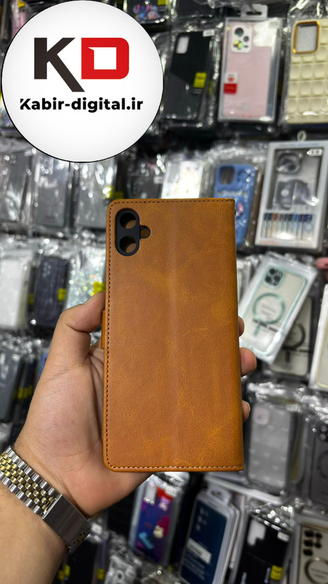 کیف گوشی Galaxy A05 سامسونگ چرم مگنتی جاکارتی بند آویز دار قهوه ایی روشن