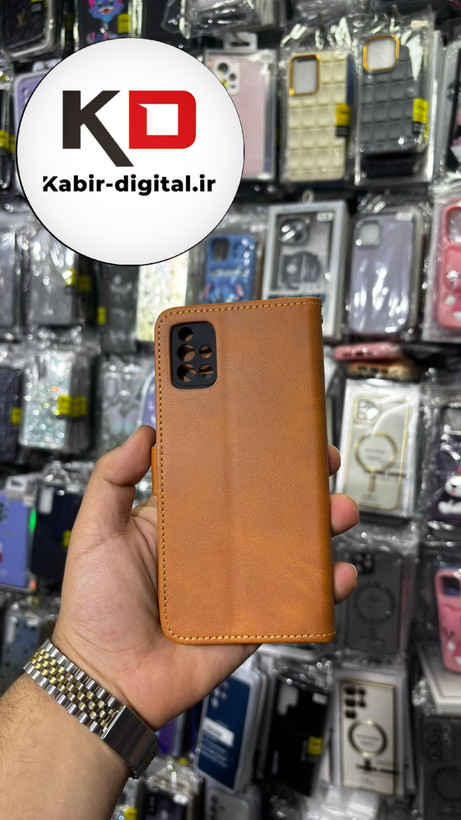 کیف گوشی Galaxy A51 سامسونگ چرم مگنتی جاکارتی بند آویز دار قهوه ایی روشن