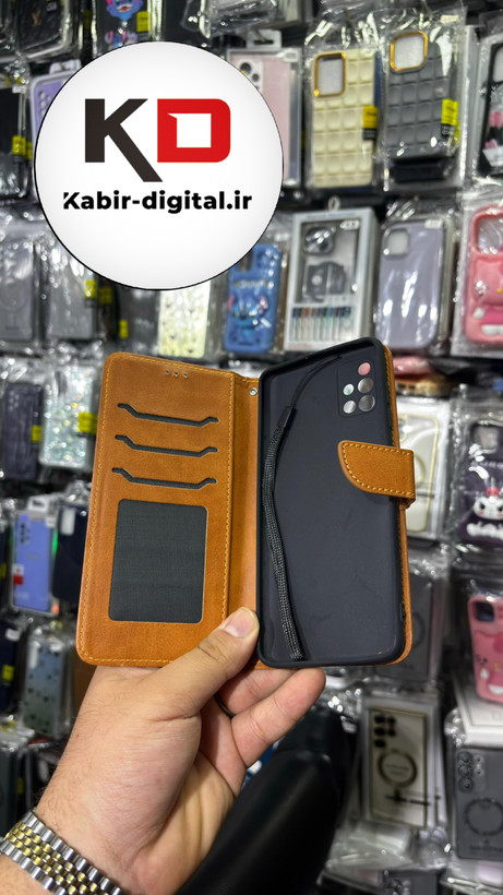 کیف گوشی Galaxy A51 سامسونگ چرم مگنتی جاکارتی بند آویز دار قهوه ایی روشن