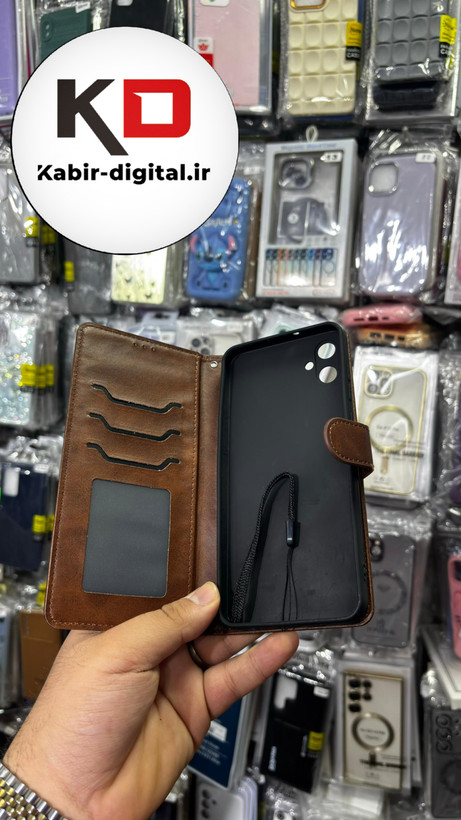 کیف گوشی Galaxy A05 سامسونگ چرم مگنتی جاکارتی بند آویز دار قهوه ایی