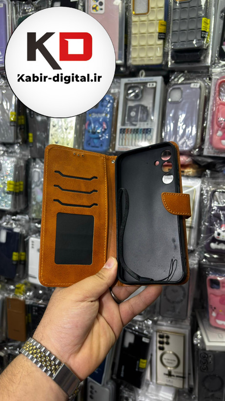 کیف گوشی Galaxy A15 سامسونگ چرم مگنتی جاکارتی بند آویز دار قهوه ایی روشن